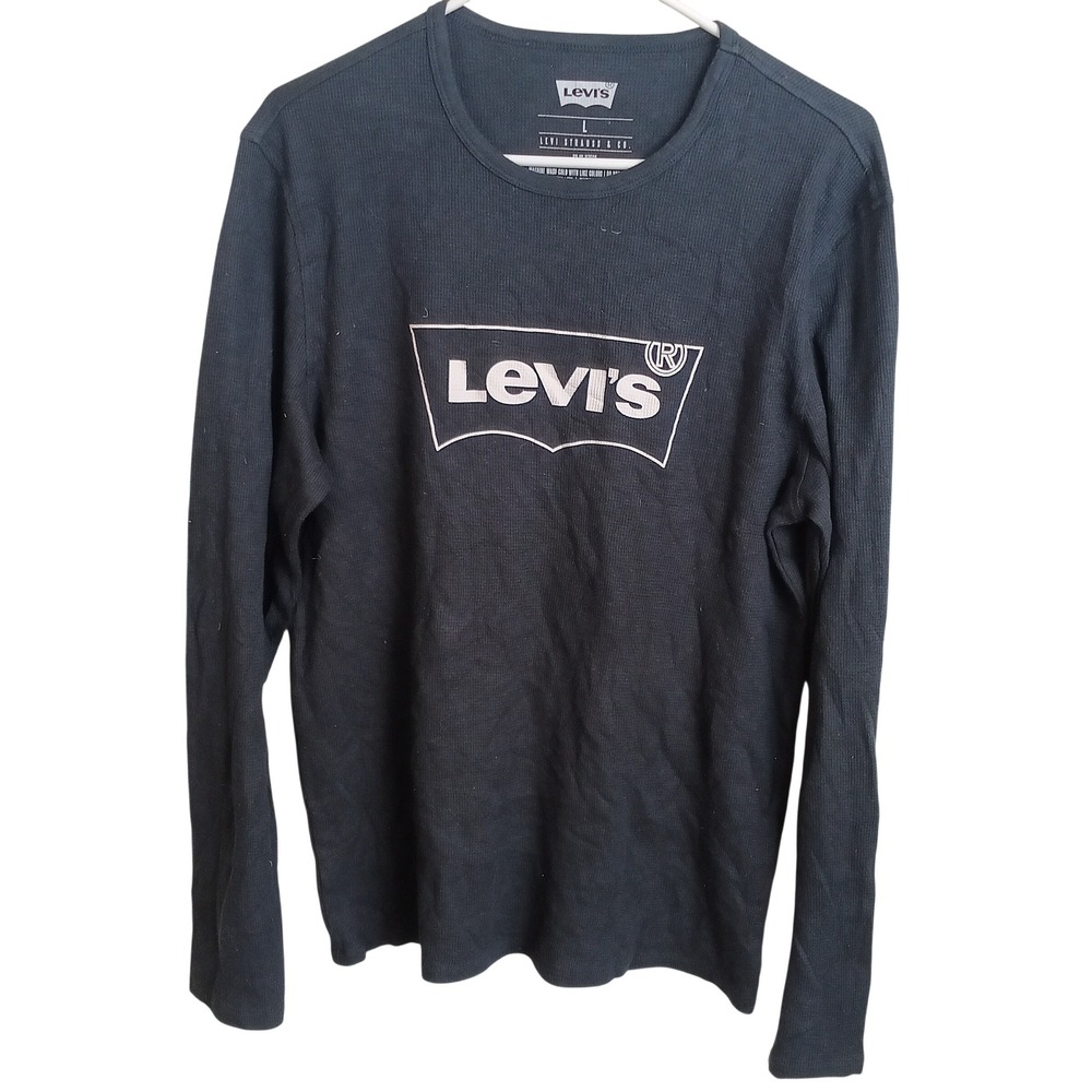 Levi's Thermal Shirt Mens Large Navy Blue Excellent Graphic Batwing Logo Waffle
